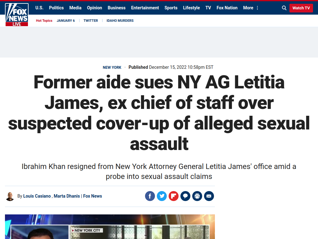 Former aide sues NY AG Letitia James, ex chief of staff over suspected cover-up of alleged sexual assault