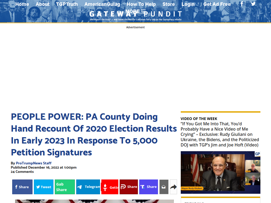 PEOPLE POWER: PA County Doing Hand Recount Of 2020 Election Results In Early 2023 In Response To 5,000 Petition Signatures